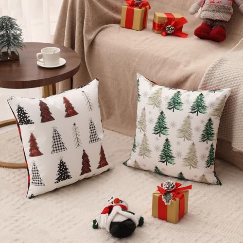 Double-Sided Print Christmas Pillow Covers 16"x16" Set of 4, 8 Cute Christmas Patterns, Tree, Reindeer, Snowman, Joy, Let It Snow, Believe Etc, Perfect for Home Decor