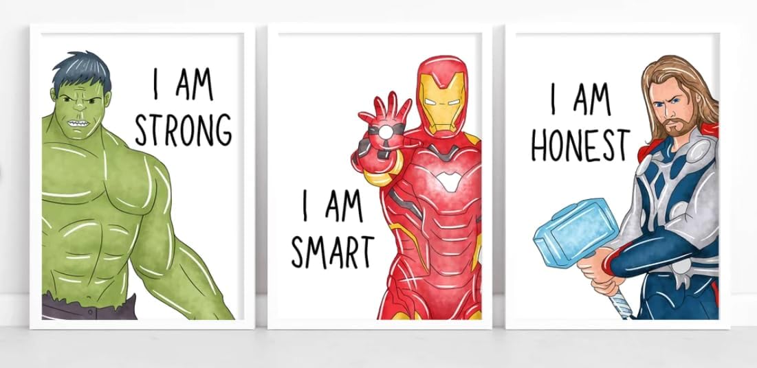 ShopHaven Superheroes Art Print Set Of 6, ‘I AM’ Affirmations, Boys Bedroom Décor, Kids Wall Art, Iron Man, Hulk, Spiderman, Thor, Black Panther and Captain America, Superheroes (11x14) - UNFRAMED