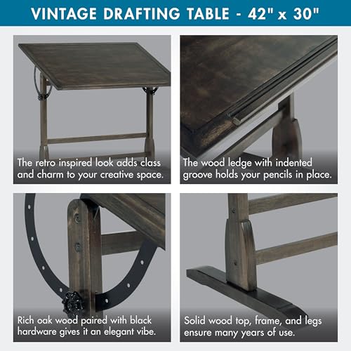 Image of Studio Designs Vintage Drawing /Drafting Table with Pencil Ledge - 42 inch W x 30 inch D - Distressed Black - Adjustable Tilting Top