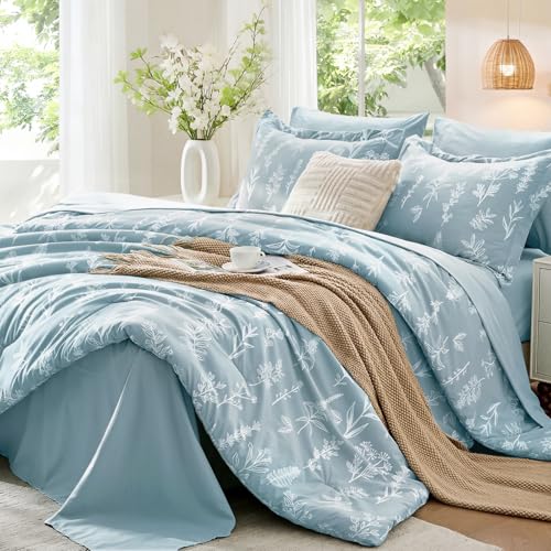 Image of MUXHOMO Mineral Blue Full Comforter Set, Elegant Floral Print Bed in a Bag 7 Pieces, Ultra Soft & Breathable Reversible Botanical Pattern Bedding Set with Comforter, Sheets, Pillowcases, and Shams