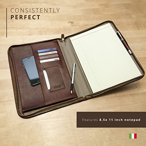 Image of Premium Maruse Leather Portfolio Padfolio - Executive Folio for Men and Women with Zipper, Folio Document Organizer, Laptop Sleeve, iPad Case and Folder - Made in Italy, Brown