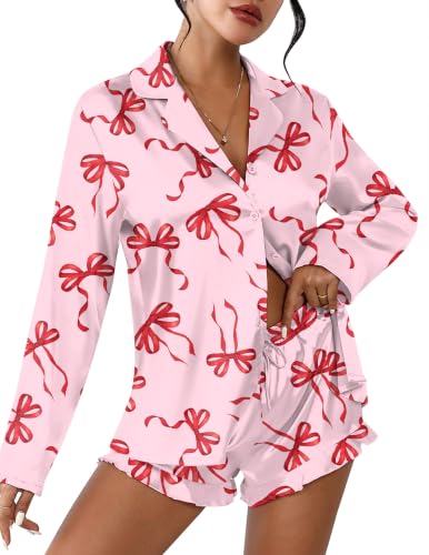 Image of Ekouaer Womens Satin Pajama Sets Cute Button Down Silk Pjs with Ruffle