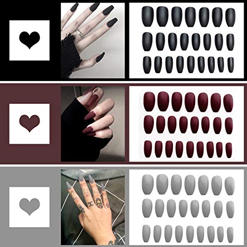 72PCS Salon Fake Nails Full Cover Matte Coffin Nails Press on Nails Medium Length Nails Tips Sets for Women, Three Colors
