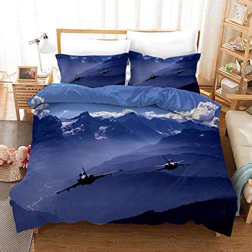 Enhome Bettwäsche Set 3 Teilig für Teen Jungen & Mädchen Bettwäsche, 3D Kampfflugzeug Digitaldruck Mikrofaser Bettwaren - mit 1 Reißverschluss Bettbezug und 2 Kissenbezug (Kampfflugzeug 5,140x200cm) Cover