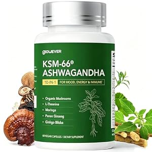 GlowEver KSM-66 Ashwagandha with L-Theanine, Mushrooms, Ginseng & Ginkgo Biloba – Extra Strength Stress Relief, Energy & Brain Health Support – Vegan, Gluten Free, Plant Based – 60 Capsules