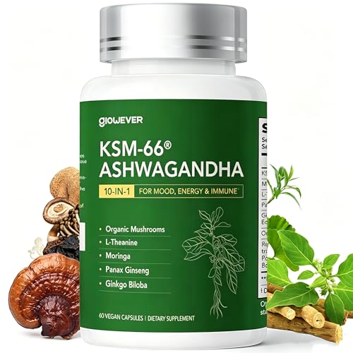 GlowEver KSM-66 Ashwagandha with L-Theanine, Mushrooms, Ginseng & Ginkgo Biloba - Extra Strength Stress Relief, Energy & Brain Health Support - Vegan, Gluten Free, Plant Based - 60 Capsules