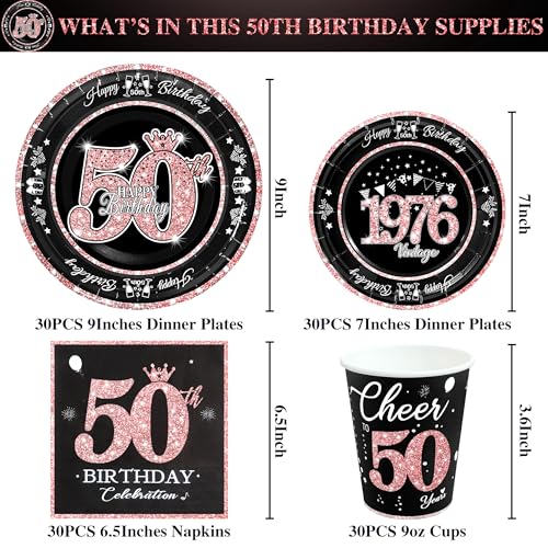 Image of 50th Birthday Decorations Rose Gold, Service for 30, Vintage 50th Birthday Party Supplies Includes Rose Gold 1976 Plates, Napkins,Cups, Plates and Napkins for Women