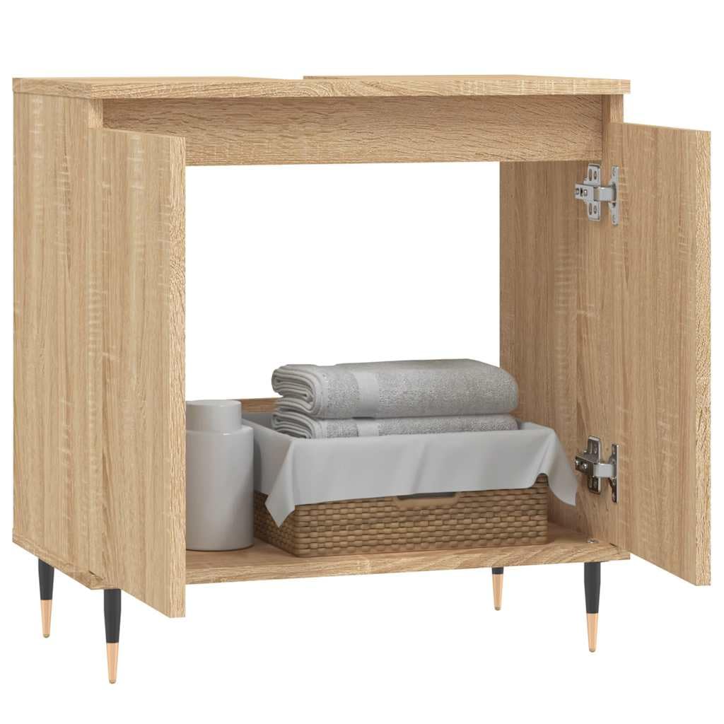 Armario de baño de roble Sonoma, 58 x 33 x 60 cm, material de madera, armario de baño con mucho espacio de almacenamiento, mueble de baño independiente, resistente a la humedad, moderno