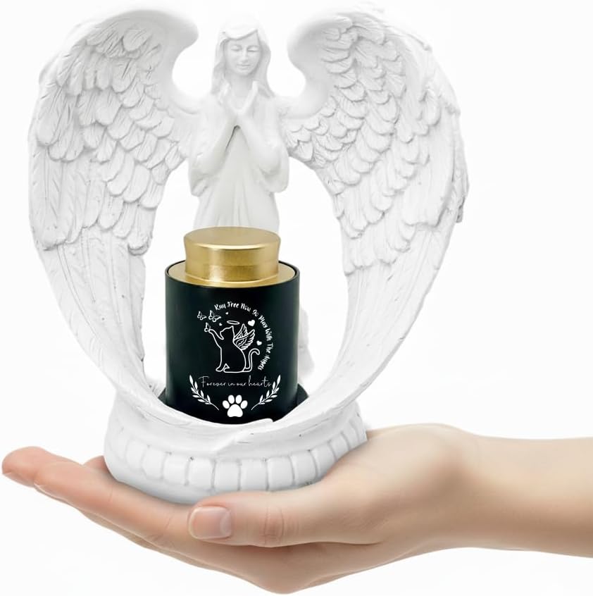 Personalized Small Keepsake Urns for Ashes Pets/Dogs/Cats, Custom Mini Cremation Urns for Pet Ashes Container, Customized Text Memorial Little urn with Angel Resin Statue (Personalized)