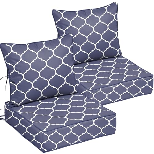 Image of 22x24 Outdoor Chair Cushions Set of 2, Waterproof Deep Seat Cushions for Patio Furniture with Removable Cover, Fade Resistant 4'' Outdoor Seat Cushion w / Ties Handle for Wicker Sofa Couch,Navy Print