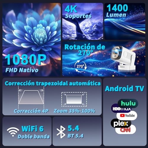 Miniatura 3 de App Integrada 2026 Nuevo Mini Proyector 4k 1080p Fhd Proyector Portátil Vídeo Con Wifi 6 Y Bt 5.4 Proyector Vídeo Función Enfoque Automático Y Corrección Trapezoidal Usb Hdmi Pc, Blanco