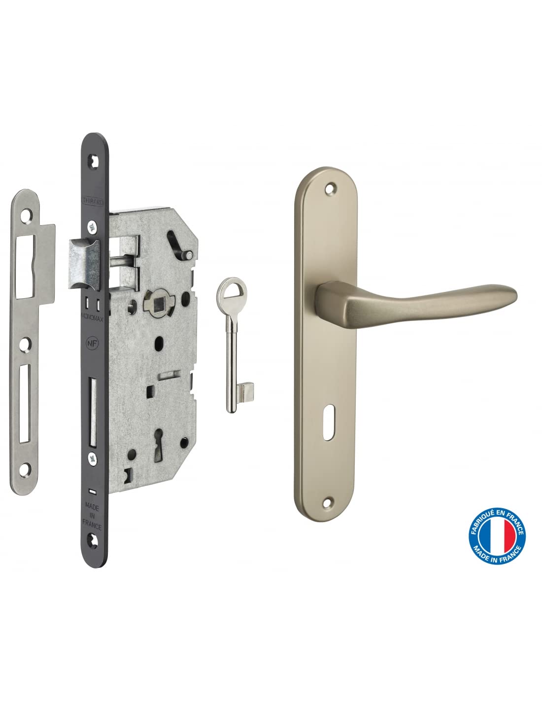 THIRARD - Garniture Serrure Encastrable Monomax NF Pêne Dormant - Ensemble Poignées Héra - Axe 40 mm - Bouts Ronds - Coffre Acier Embouti - Mécanisme à 2 Tours - Noir