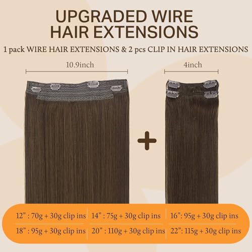 Image of DOORES Wire Hair Extensions, Chocolate Brown 16 Inch 95g Fish Line Weft Extensions and 2pcs 30g Clip ins, 125g Invisible Wire Real Remy Human Weft Straight Transparent Seamless Hairpiece