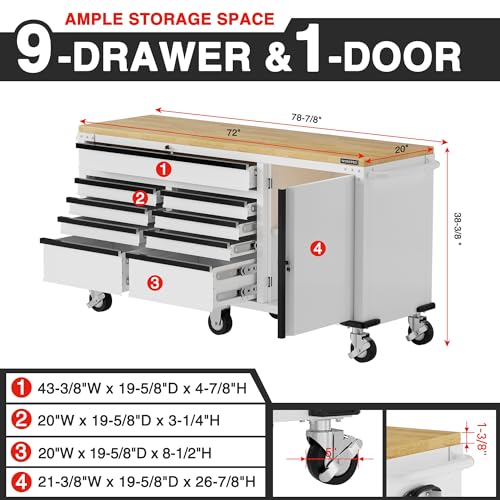 Image of WORKPRO 72 inch x 22 inch Rolling Tool Cabinet, 9-Drawer & 1-Door