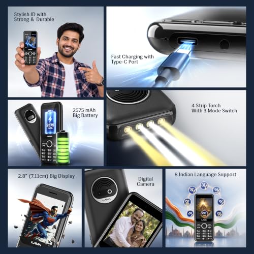 Image of Lava Gem Power + Dual Sim Keypad Phone (2.8 inch Display, Camera & Fast Charging) | 2575mAh Smart AI Powerful Battery | Wireless FM & Recording | Stereo Speakers | Call Recording (Black Gold)