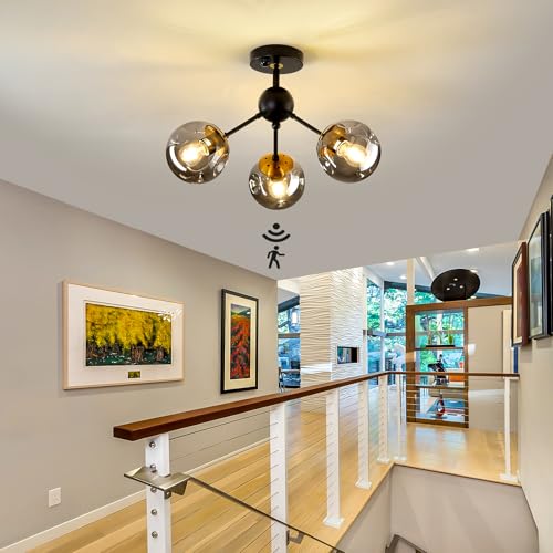 Image of Motion Sensor Light Indoor 3-Light Vintage Semi Flush Mount Ceiling Light Fixture with Glass Globe Black Chandelier for Closet Hallway Stairway Porch Entryway