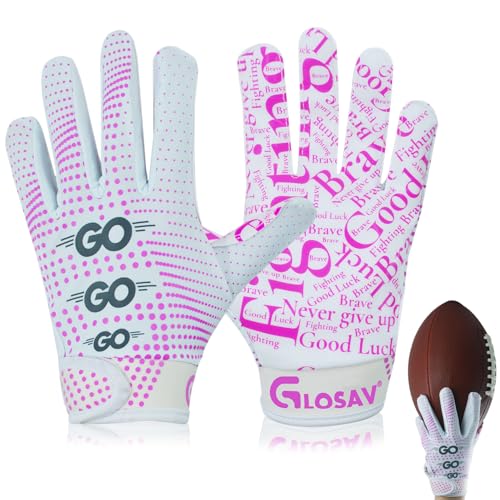 GLOSAV Football Gloves for Kids, Youth, and Adults - Super Sticky Silicone Receiver Gloves for Men and Women (Pink, Large- Youth)