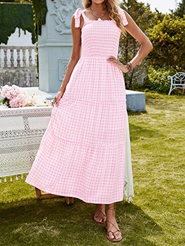 Zesica Women's Boho Summer Floral Print Tie Straps Sleeveless Square Neck Smocked Flowy Ruffle A Line Maxi Dress,Lightpink,Large #TOP7