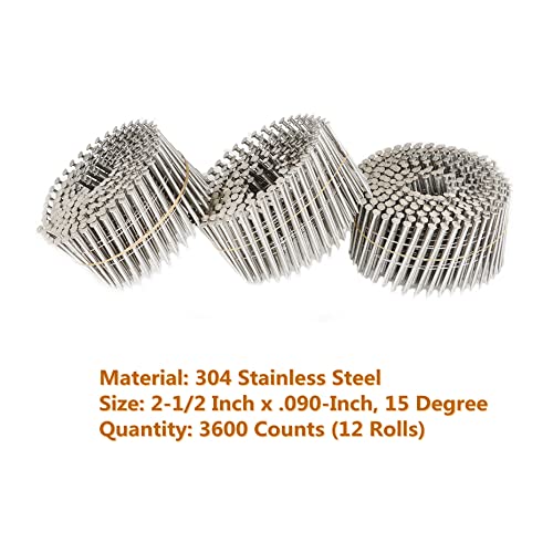 Kimllier 3600 Count Coil Siding Nail Full Round Head Wire Collated Coil 15-Degree 2-1/2 Inch X .090-Inch Ring Shank 304 Stainless Steel Coil Roofing Nails #TOP2