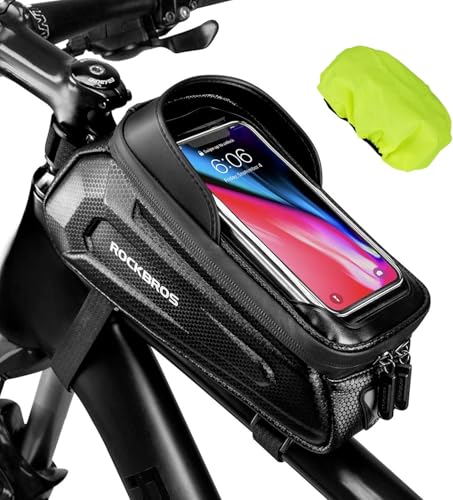 Image of ROCKBROS Bike Phone Mount Pouch - EVA Waterproof Bicycle Accessories Holder, Top Tube Front Frame Handlebar Bag Compatible With Phones Under 6.8 inch
