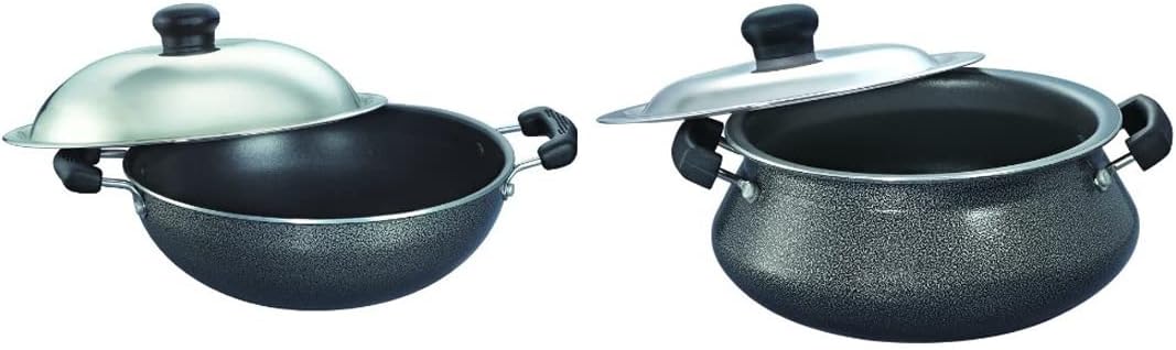 Prestige Omega Select Plus Mini Handi with SS Lid, 2.5 Litre, Black & Omega Select Plus Non-Stick Round Base Kadai with Lid(0.9 litres_17cm, Grey) Combo