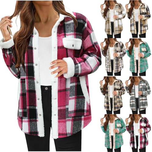 Womens Casual Shacket 2025 Fashion Flannel Plaid Shirts Long Sleeve Button Down Jacket Fall Outwear Coats