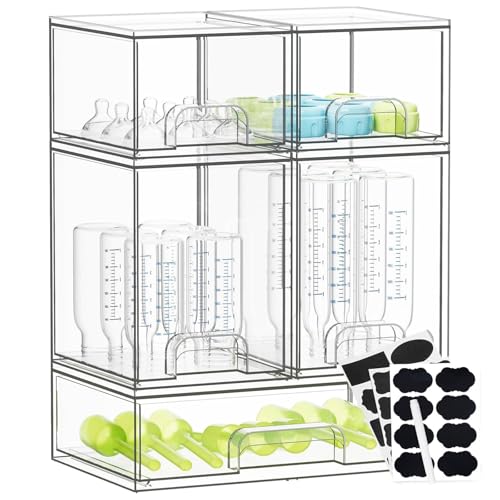 Bestbless Bottle Storage Organizer Baby - Acrylic Bottles Station Organizer Container Stackable Clear Drawers for Countertop Vanity Bathroom Cabinet Pantry Organization 5 Pack 2S2M1L 15.4 H