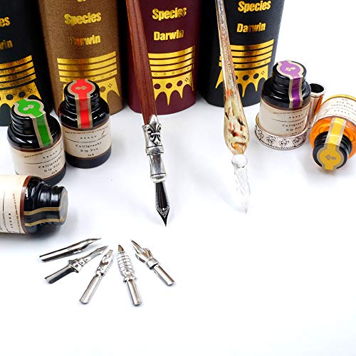Gc Quill Mu-02 Calligraphy Pen Set, Glass Dip Pen And Handcrafted Wooden Dip Pen Gift Set With 5 Colors Calligraphy Ink 6 Nibs 1 Pen Holder, Calligraphy Set For Beginners #TOP3