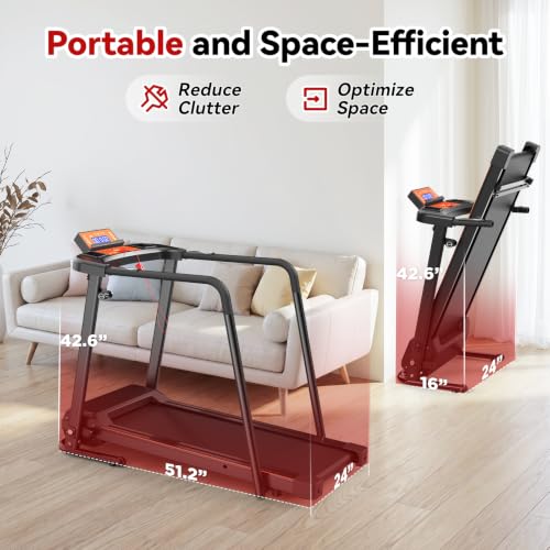 Image of Treadmill for Seniors with Handlebar, Walking Treadmill with APP Control | Treadmill for Home with Long Handrails, 41x14 in Belt, 0.5-6.0 MPH, 12 Preset Programs, Safety Clip, Cushioned Rebound Belt
