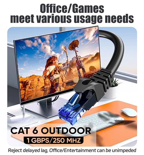 Cable Ethernet 40 Metros, Exterior Largo Cable RJ45 Cat 6 40m Cable de Red Negro, 23AWG Round Cable LAN Alta Velocidad Cable Internet, Gigabit Broadband Patch Cable para Router Switch Módem (40 Clips)