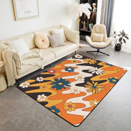 Erosebridal Groovy Flower Area Rug 3x5 for Bedroom,Girls 1960 1970 Daisy Rug for Youth,Bohemia Floral Area Rugs,Western Country Living Room Rug Non Shedding