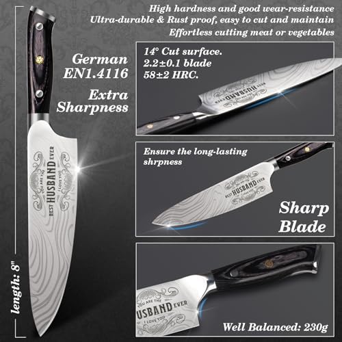 Gifts for Him Husband Men Anniversary Fathers Day, 8 inch Professional German Stainless Steel 1.4116 Chef Knife, Engraved Best Husband Ever Knife Gift, Birthday Gifts for Men Husband Him 20 cm — view 2