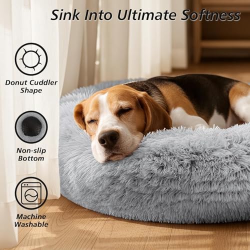 Image of JOLLYVOGUE Calming Dog Beds Large Sized Dog, 36in Donut Washable Large Pet Bed, Anti-Slip & Anti-Anxiety Fluffy Faux Fur Round Dogs Bed, Fits up to 80 lbs Pets (Smoke Grey)