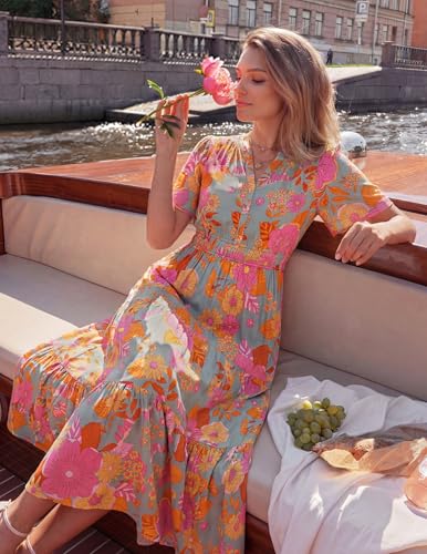 Image of ZESICA Women's 2026 Summer Spring Floral Boho Maxi Dresses Casual Short Sleeve V Neck A Line Flowy Beach Vacation Dress