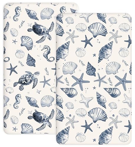 Image of Pack and Play Sheets 2 Pack, Fitted Jersey Knit Mini Crib Sheets for Baby Boys and Girls, Compatible with Graco Pack N Play and Mini Crib Mattress (Deep Blue, Pack N Play/Mini Crib Sheets)