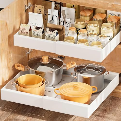 Sprifityy 2 Piezas Cajón telescópico,cajones extraíbles expandibles,estantes de Almacenamiento con cajones extraíbles de Acero al Carbono,Ancho Ajustable 32-52 cm,sin Taladrar,Requiere Clavos(Blanco)