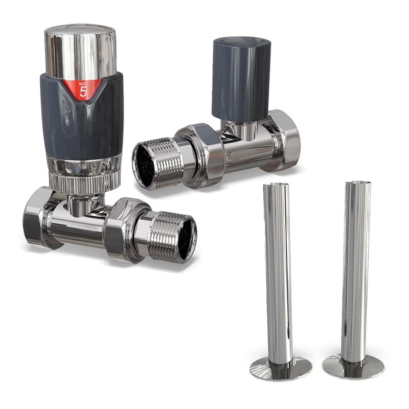 UK Radiators Anthracite Thermostatic Radiator Valves and Straight Lockshield Valve - Gloss Anthracite Finish - Modern Design 1/2" x 15mm Straight Radiator Valves with 130mm Pipe Covers โ image 1