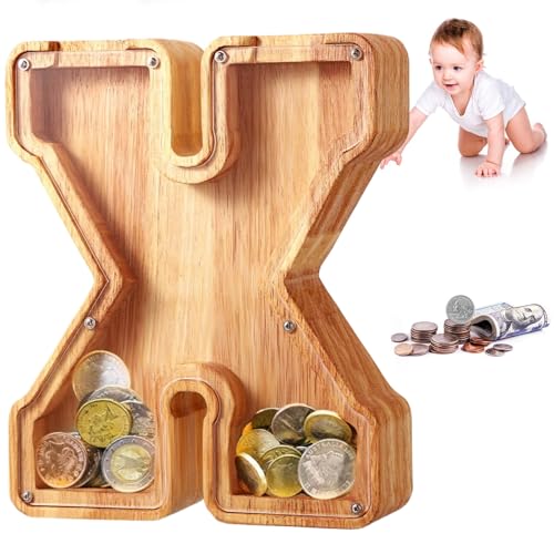 Image of UBeesize Large Piggy Banks Twenty-Six English Alphabet Letter for Boys Girls, Wooden Personalized Bills and Coins Bank Money Box,DIY Name Birthday Gift,Bedroom Living Room Decoration(X)