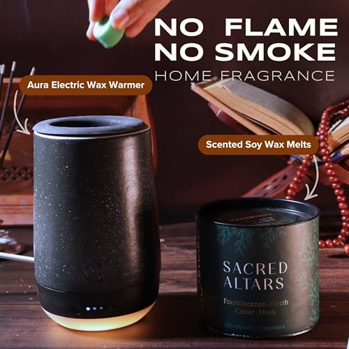 Image of Aura Wax Melting Starter Kit - Ceramic Aroma Diffuser with 1 Warmer & 3 Scented Soy Melts | 180+ Hours Scent Time - Smoke-Free, Natural Fragrance for Home (Midnight, Nostalgia)