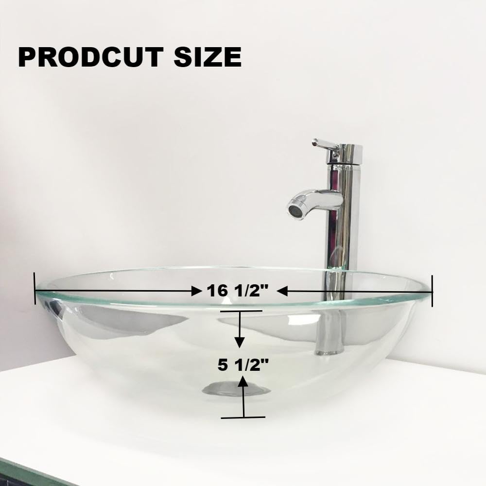 41,9 cm gł. x 41,9 cm szer. x 14 cm wys. okrągły hartowany przezroczysty szklany zlew łazienkowy – chromowany kran i wyskakujący odpływ w zestawie