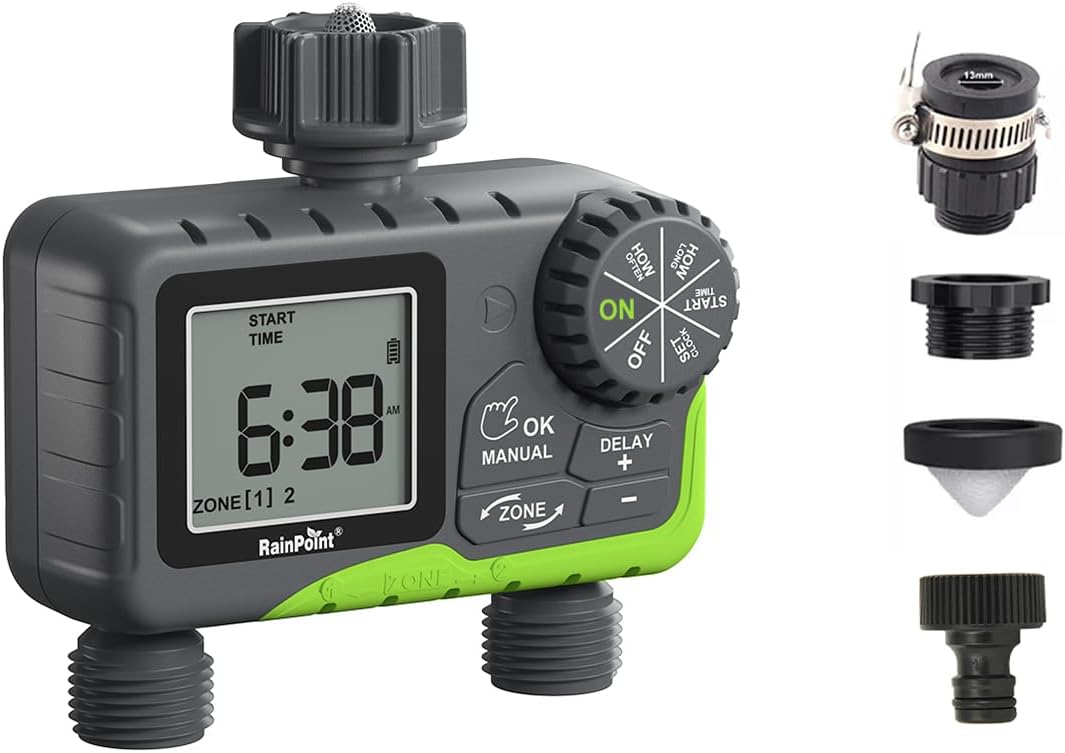 RainPoint ITV205 Automatic Garden Drip Irrigation Water Timer | 2-Zone | Universal Tap Adapter | LCD