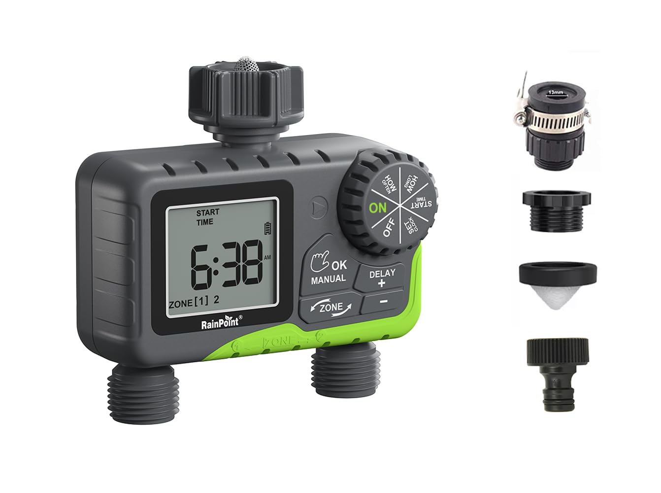 RainPoint ITV205 Automatic Garden Drip Irrigation Water Timer | 2-Zone | Universal Tap Adapter | LCD
