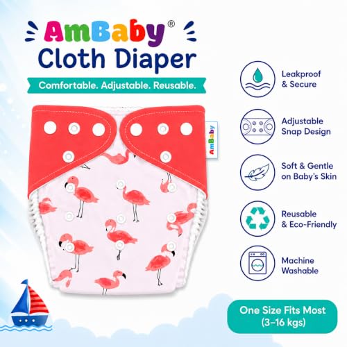 Image of Ambaby Pack of 4 Premium Pocket Cloth Diapers with 2 Diaper Covers & 2 High-Absorbency 4Layer Insert Pads. Leak-Proof, Adjustable, Breathable, Reusable & Washable. Fits Babies 3 Months-3 Years(3-18kg)