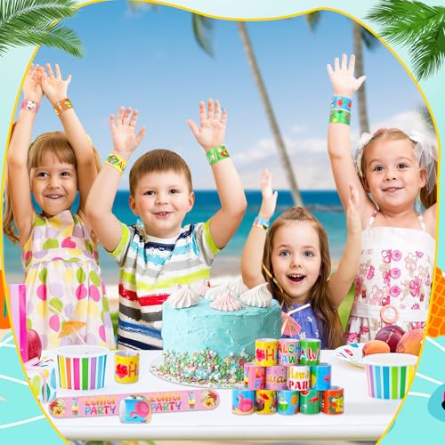 Image of JUNEBRUSHS 56Pcs HawaiianTheme Slap Bracelets, Hawaii Luau Snap Bracelets