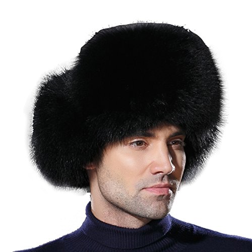 URSFUR Winter Mens Trapper Hat Real Leather and Fox Russian Ushanka Cap Black