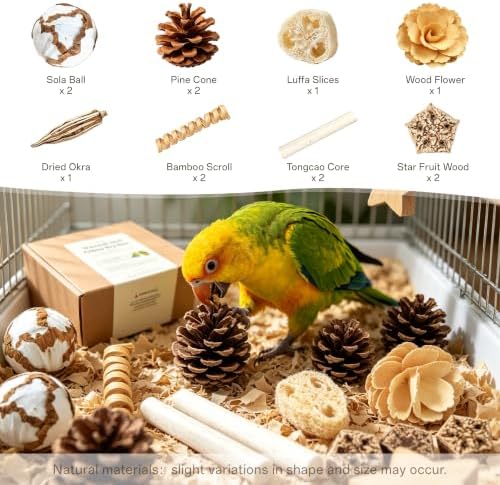 East MARVEL14-Piece Bird Foraging Toys, Natural Shredding Chew Toys for Parrots, Sola Wood Balls, Loofah & Pine Cones, Safe Cage Accessories for Cockatiel, Conure, Parakeet, Budgie, Lovebird (Large) image 5