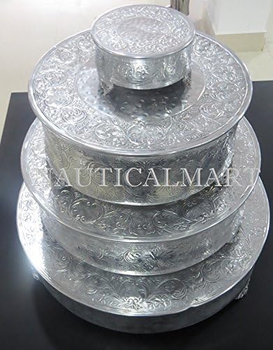 NAUTICALMART SILVER FINISH ROUND WEDDING & PARTY CAKE STAND SET OF 4