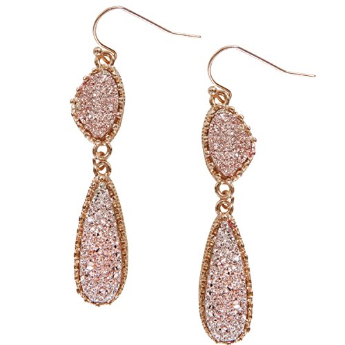 Humble Chic Simulated Druzy Drop Dangles - Gold-Tone Long Double Teardrop Dangly Earrings for Women, Rose Gold-Tone Stone, Metallic Pink, Gold-Tone
