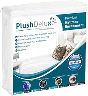 PlushDeluxe Premium 100% Waterproof Mattress Encasement, Breathable Soft Cotton Terry Surface (9"-12" Deep, Cal-King 72X84)