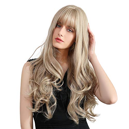 Mostfar Ombre Blonde Wig, Long Curly Wavy Wig with Bangs, Natural Full Synthetic Hair Wig for Women Cosplay Fancy Dress Party Wig-Heat Resistant Fiber 28 Inches